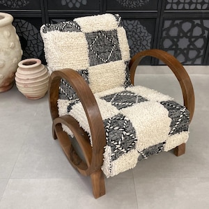 Vintage rug armchair and ottoman, Wooden armchair, Handmade chair mid century set, Comfy armchair for living room