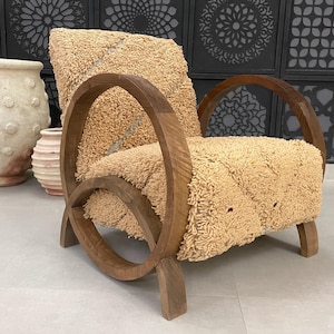 Handmade Moroccan Armchair - Unique Circular Wooden Frame & Plush Wool Upholstery
