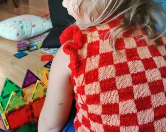 Fairground Tank Knitting Pattern – Checkered Ruffle Sleeve Top (PDF Pattern)