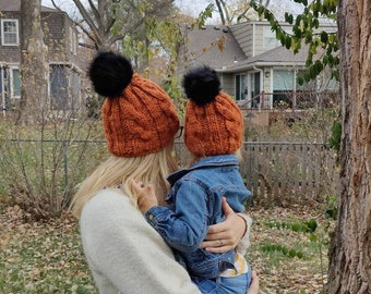 Mom and Me Cable Knit Hats: Matching Winter Pom Beanies