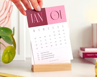 2027 Monthly Desk Calendar with Wooden Stand, UK Bank Holidays, Colour Block Design