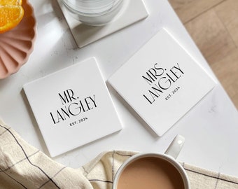 Personalised Coaster Set for Couples | Anniversary Gift for Him, Ceramic Gift for Husband, Mr & Mrs Wedding Gift, Unique His and Hers Gift
