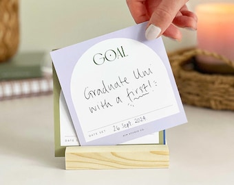 Goal Setting Cards: Personal Development Tool with Pine Wood Holder