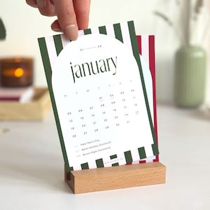 2026 Desk Calendar with Wood Stand: Monthly View, Candy Stripe Design