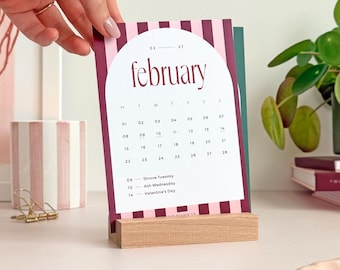 2027 Desk Calendar with Wooden Stand, Candy Stripe Refillable Monthly Cards