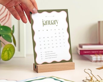 2027 Wavy Desk Calendar, Refillable Monthly Cards with Wooden Stand