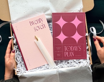 Pink and Burgundy Stationery Gift Set with 2027 Hardback Diary, Daily Planner & Gold Pen