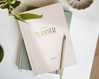 Weekly Overview Academic Planner, Week View Planner Book with Monthly Calendar, A5 Hardback Undated Diary, Personalised Planner for Students