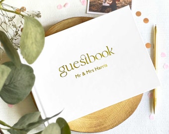 Personalised Wedding Guest Book | Minimal Guestbook with Pen, Custom Name Message Book, Gold Foiled Memory Book for Wedding Day