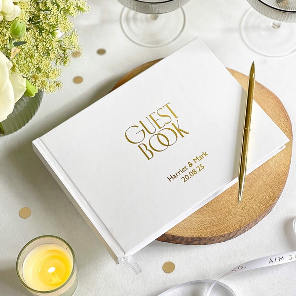 Personalised Wedding Guest Book, Customised Guestbook with Pen, Elegant Wedding Scrapbook, Gold Foiled, A5 Hardback, Keepsake Message Book