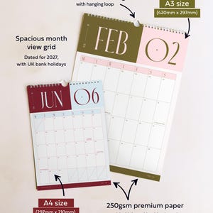 A colourful Large A3 calendar beneath a small A4 calendar in the same design with pull out text reading: white wire binding with hanging loop, 250gsm premium paper with thick card backing, spacious month view grid and size dimensions shown.
