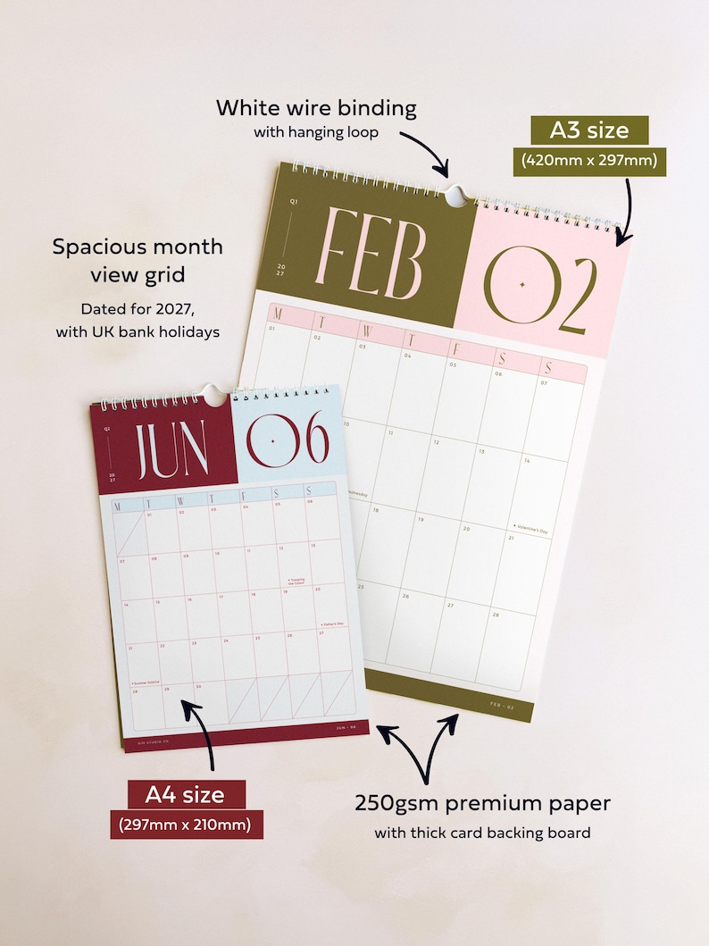 A colourful Large A3 calendar beneath a small A4 calendar in the same design with pull out text reading: white wire binding with hanging loop, 250gsm premium paper with thick card backing, spacious month view grid and size dimensions shown.