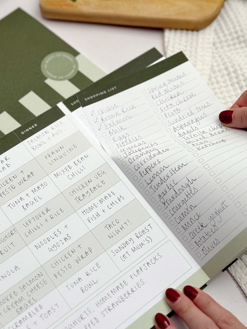 close up of perforated shopping list section being torn off of weekly meal planner page inside A4 notepad