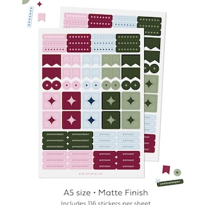 A5 planner sticker sheets showing 116 mini stickers for calendar layouts in a colourful, star themed design.