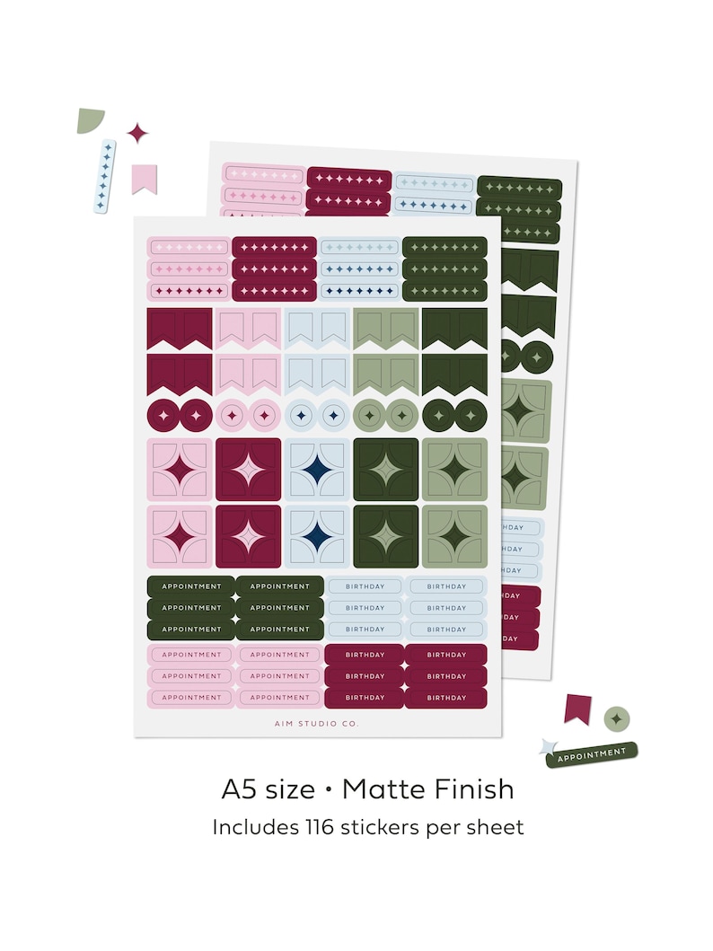 A5 planner sticker sheets showing 116 mini stickers for calendar layouts in a colourful, star themed design.