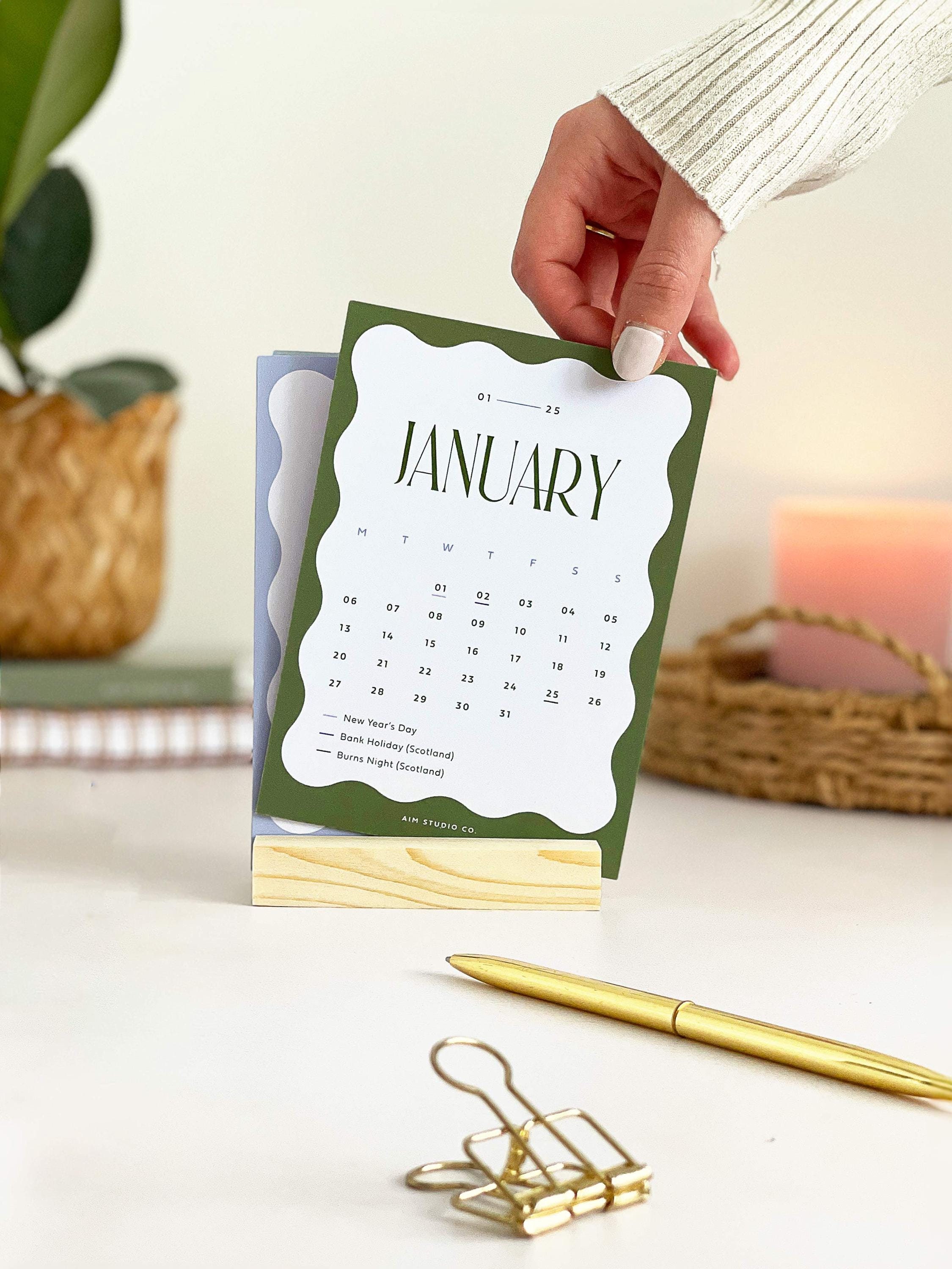 2025 Desk Calendar with Holder | 12 Month Calendar, Monthly Calendar, Office Desk Decor, Small Desktop Calendar, Wavy Colour Block