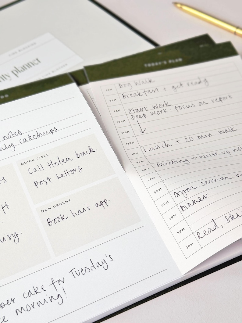 perforated planner pad page showing notepad with daily planner pad on the left and time blocking on the right