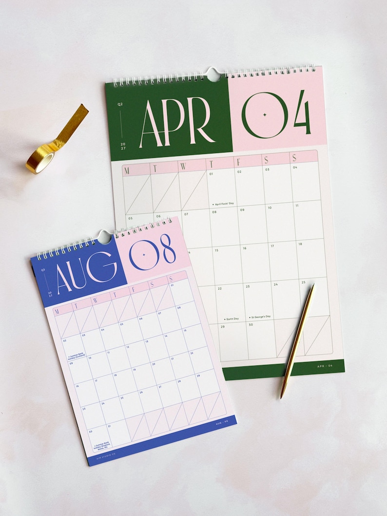 an A4 sized monthly planner on top of a large A3 wall calendar for 2027. Both calendars have the same colourful design with a retro aesthetic and spacious Monday-start planner grid, marked with UK bank holidays.