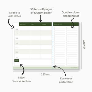 A4 food tracker notepad with weekly meal planner and perforated grocery list. Showing information such as size dimensions and 50 tear-off notepad sheets.