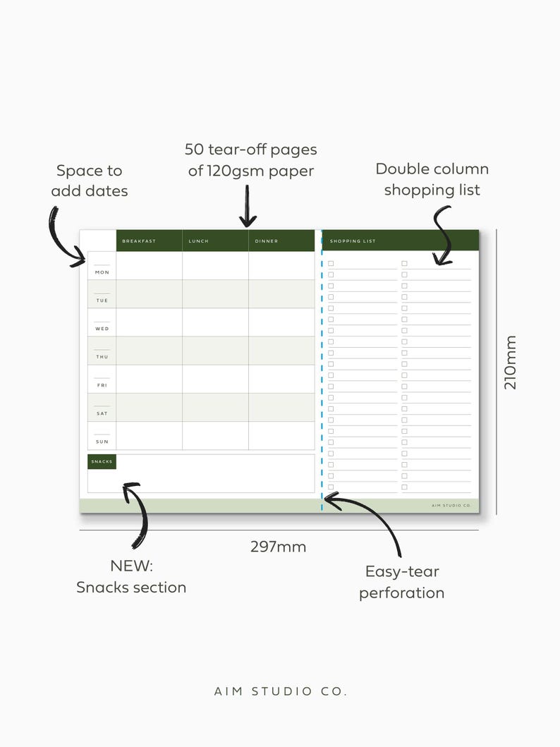 A4 food tracker notepad with weekly meal planner and perforated grocery list. Showing information such as size dimensions and 50 tear-off notepad sheets.