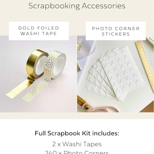 Scrapbook accessories to add on including cute gold decorative tapes and white photo corner stickers for adding into the wedding album.