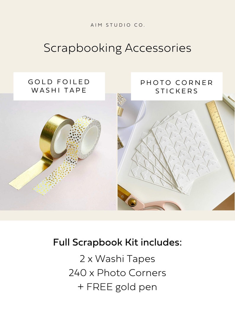 Scrapbook accessories to add on including cute gold decorative tapes and white photo corner stickers for adding into the wedding album.
