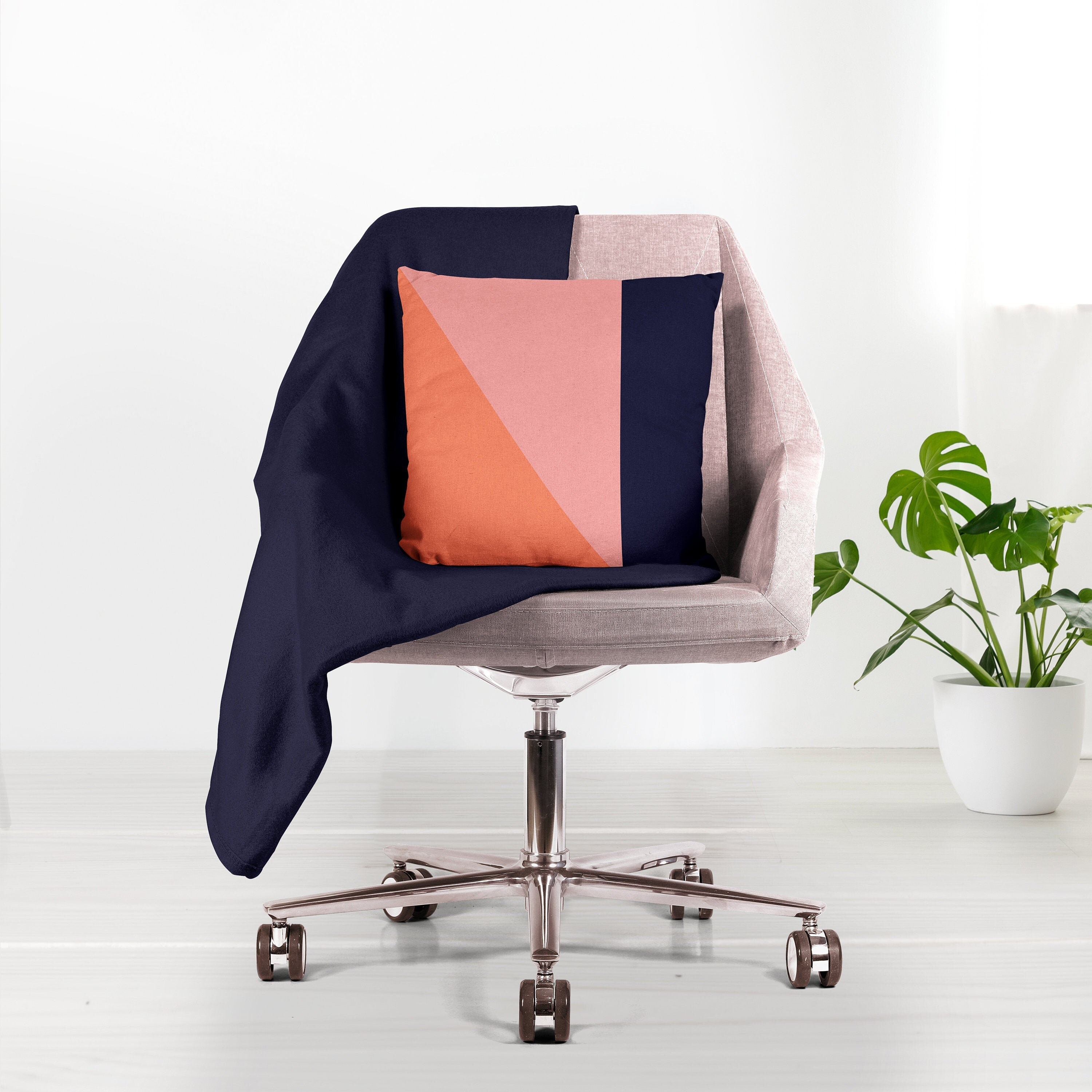 Coussin Géométrique, Oreiller d'accent Corail et Bleu, en Lin Fait à La Main