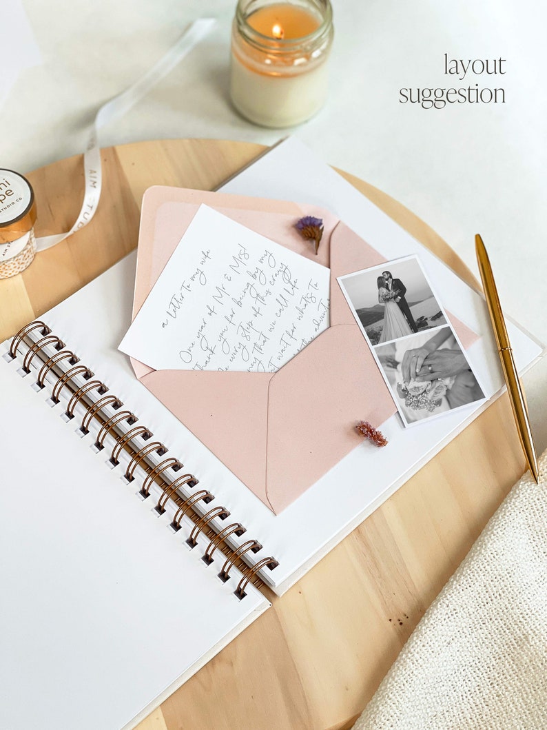 Inside bridal scrapbook with letter to the bride from the groom on their wedding day