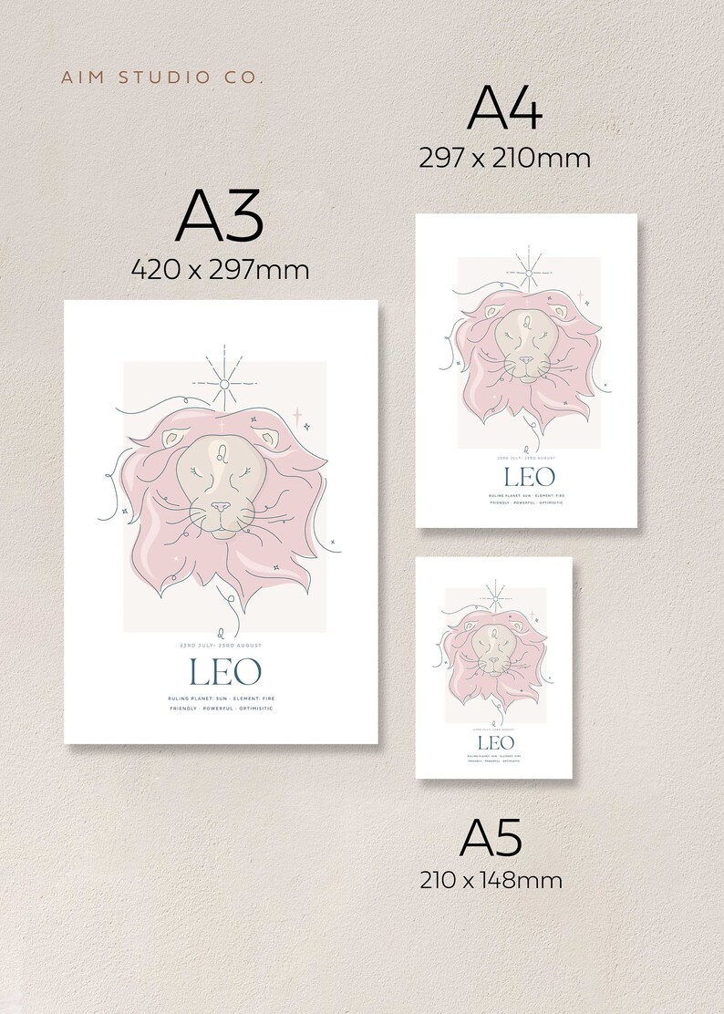 Leo Lion Star Sign A3 Print | Celestial Zodiac Gift, Illustrated Lion ...