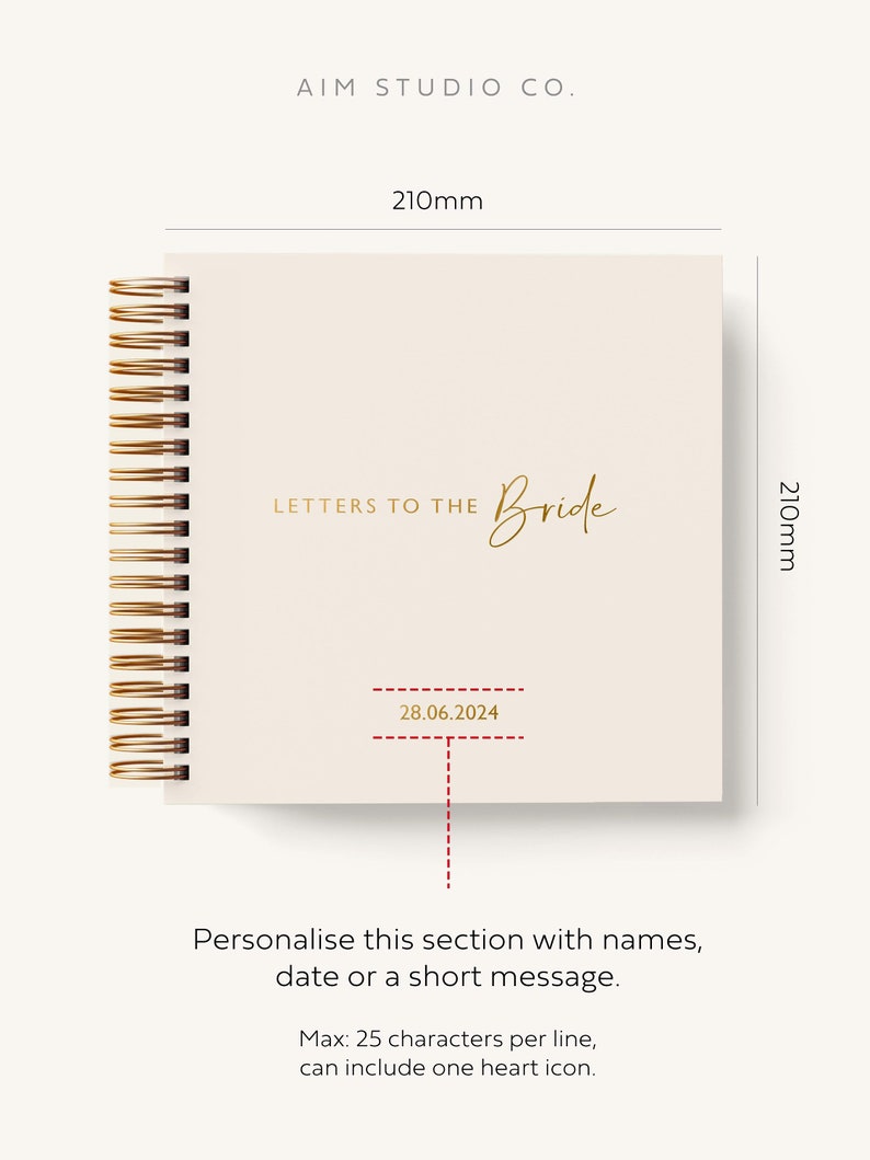 Front cover of custom scrapbook with “letters to the bride” in gold foiled script lettering and personalised wedding date on the cover