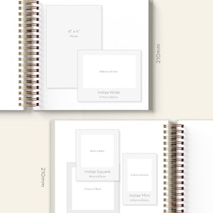 May include: A white page with a gold spiral binding. The page has several white rectangles with text and measurements for different photo sizes, including 6x4 inches, 9.8cm x 6.1cm, 11.7cm x 9.5cm, 6cm x 6cm, 8cm x 9.5cm, 7.7cm x 7.8cm, 4.5cm x 6.1cm, 6.5cm x 9.5cm, and 9.6cm x 11.5cm. The text includes "Instax Wide", "Instax Square", "Instax Mini", and "Polaroid 600".