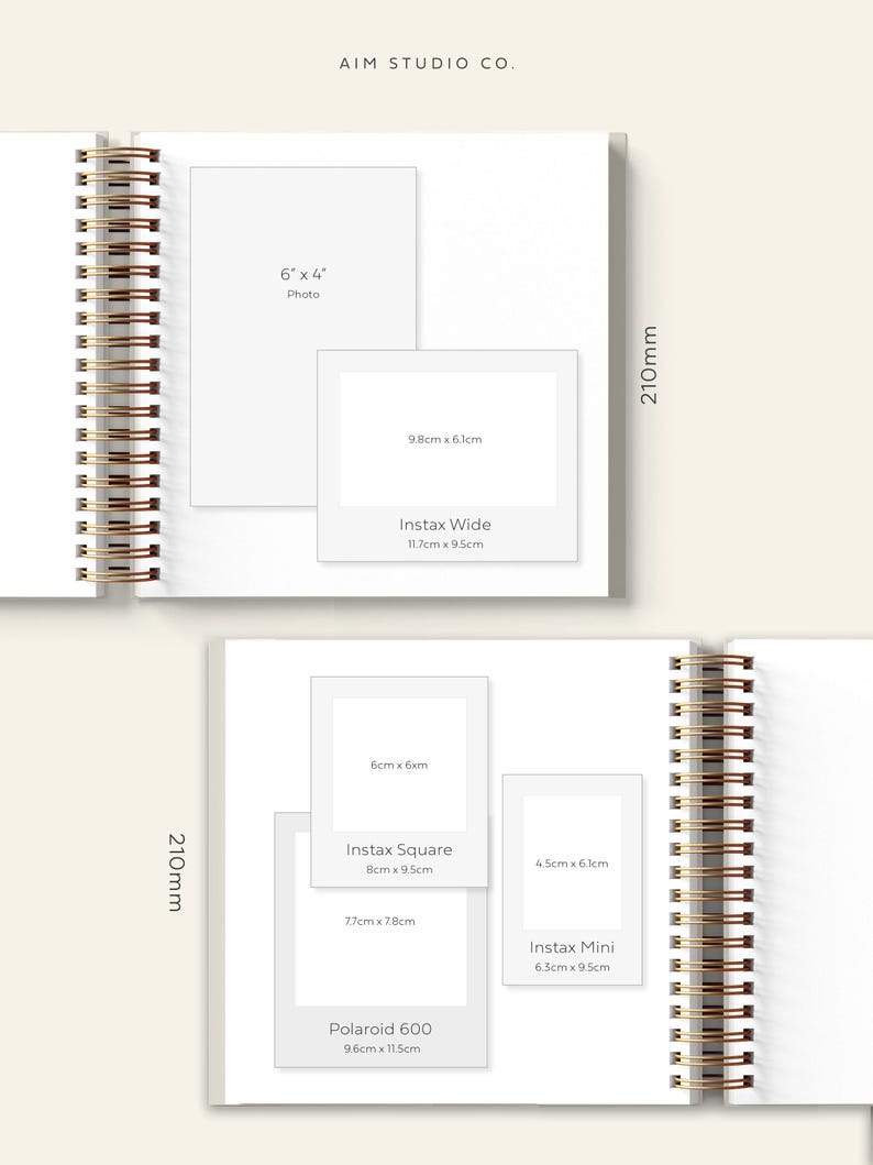 May include: A white page with a gold spiral binding. The page has several white rectangles with text and measurements for different photo sizes, including 6x4 inches, 9.8cm x 6.1cm, 11.7cm x 9.5cm, 6cm x 6cm, 8cm x 9.5cm, 7.7cm x 7.8cm, 4.5cm x 6.1cm, 6.5cm x 9.5cm, and 9.6cm x 11.5cm. The text includes "Instax Wide", "Instax Square", "Instax Mini", and "Polaroid 600".