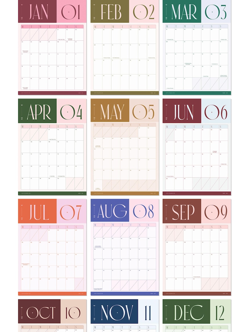 Yearly calendar pages inside 2027 calendar showing 12 month designs in a bold two-tone colour palette.