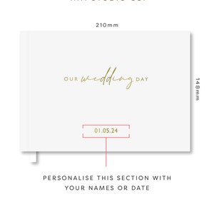 personalised wedding guest book showing A5 dimensions (210mm wide x 148mm high) and instructions for adding personalisation to the cover of the book.