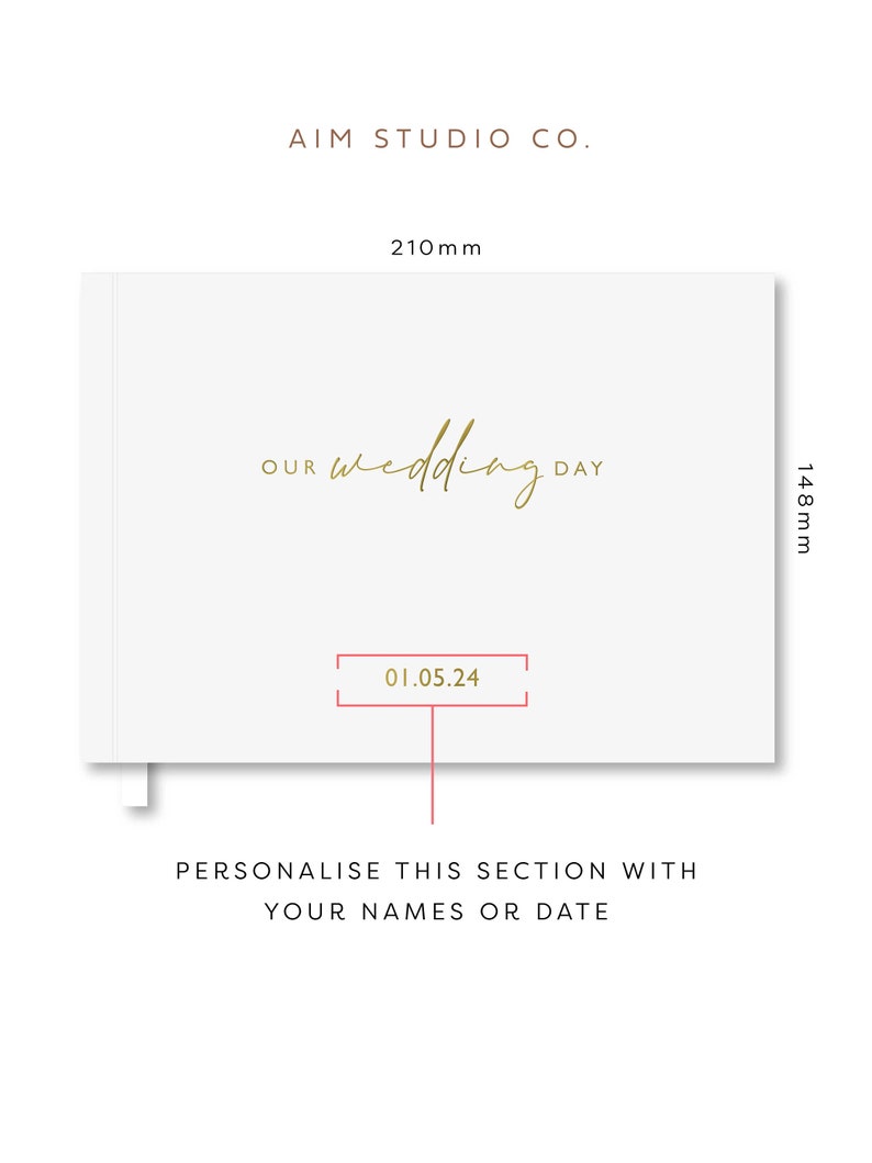 personalised wedding guest book showing A5 dimensions (210mm wide x 148mm high) and instructions for adding personalisation to the cover of the book.