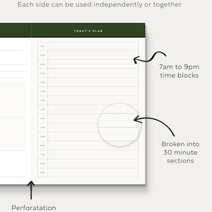 hourly time block planner with slots from 7 am to 9pm and 30 minute sections for productivity and time management in the office