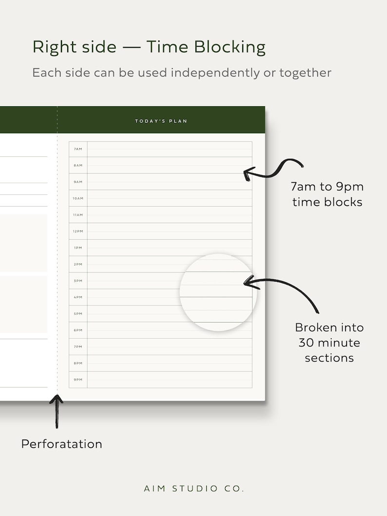 hourly time block planner with slots from 7 am to 9pm and 30 minute sections for productivity and time management in the office