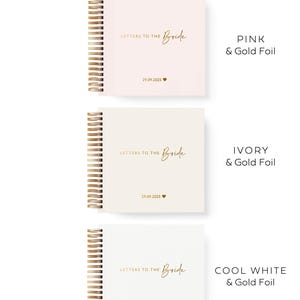 Letters to the bride personalised scrapbook cover options - showing pale pink with gold foil, ivory or a cool white/grey colour option.