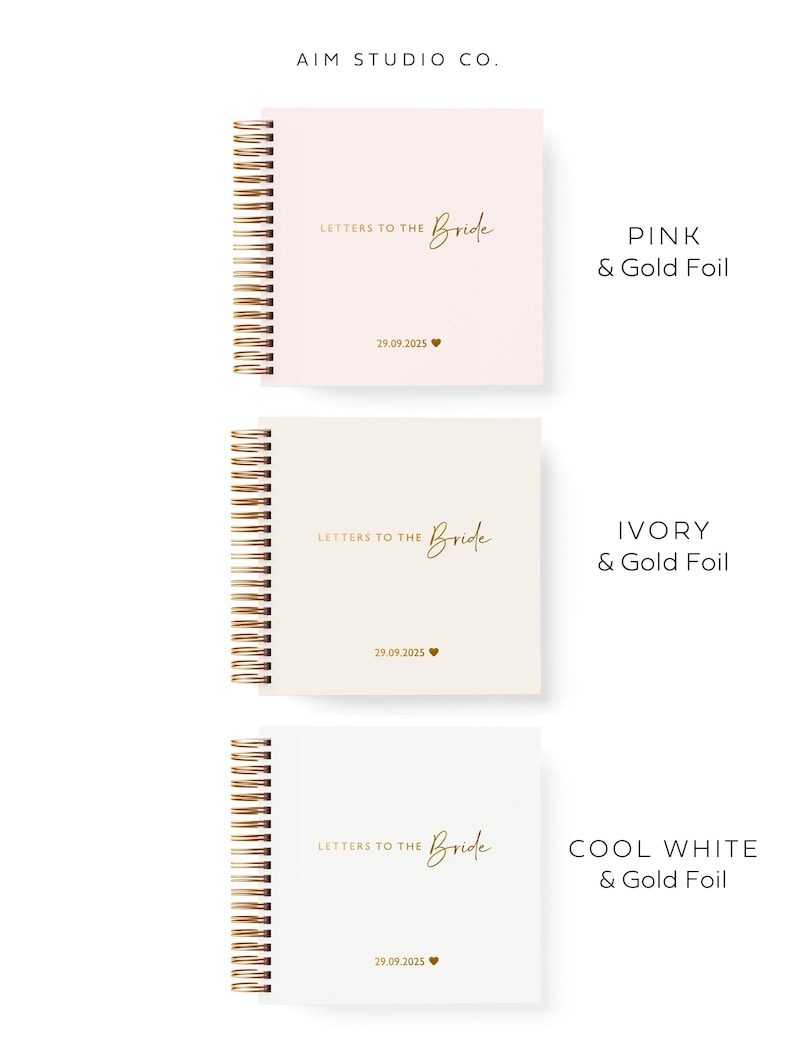 Letters to the bride personalised scrapbook cover options - showing pale pink with gold foil, ivory or a cool white/grey colour option.