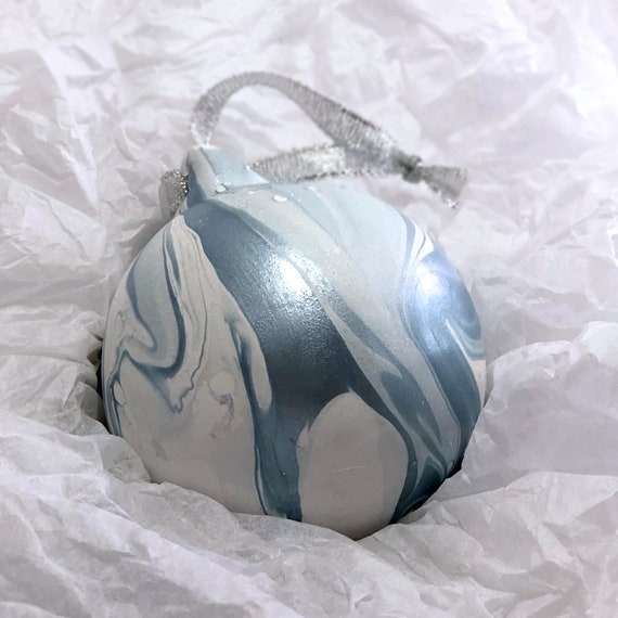Marbled Ceramic Bauble Ice Blue Pastel Marble Ornament Handmade Christmas Bauble