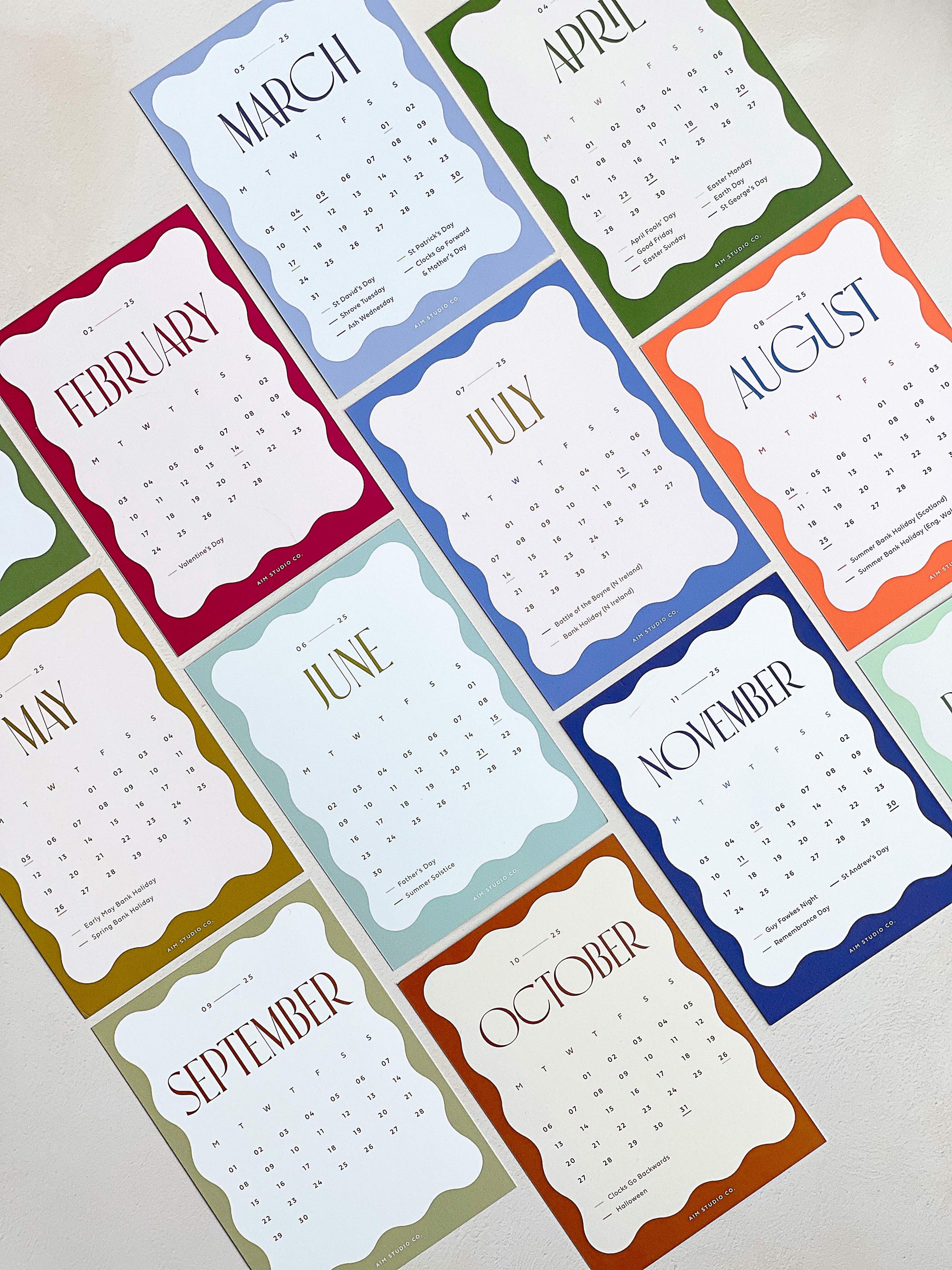 2025 Desk Calendar with Holder | 12 Month Calendar, Monthly Calendar, Office Desk Decor, Small Desktop Calendar, Wavy Colour Block