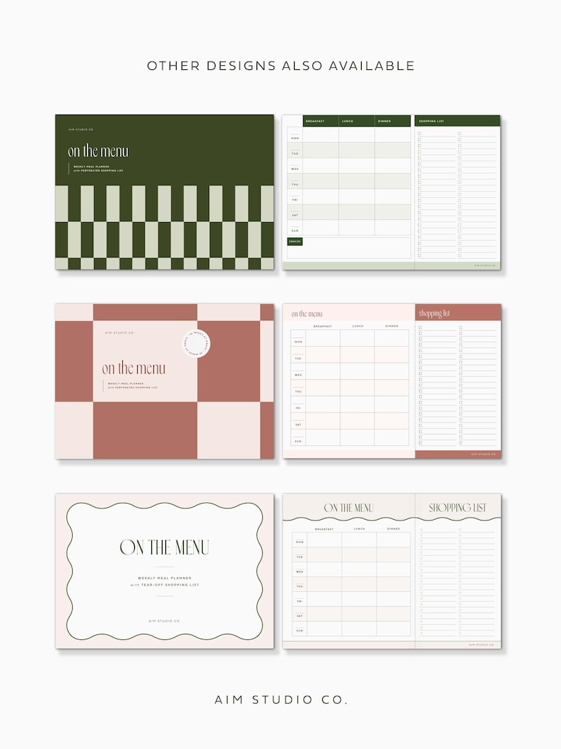 other weekly meal planner designs available by aim studio co. Showing 3 A4 notepads, all with tear off pages and perforations.