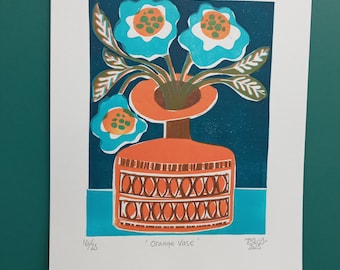 Orange vase. Midcentury vase and flowers linoprint.