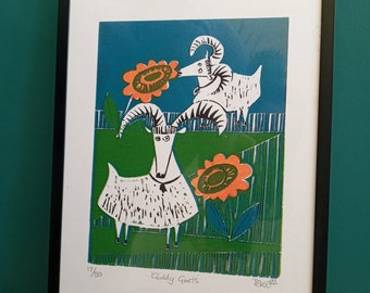 Goat print. Giddy goats. Animal print. Midcentury print. Two goats. Goats and flowers. Animal linoprint. Midcentury goats.