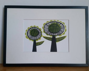 Green Spring Flowers. Midcentury style Flowers. Two Flowers. Retro wall art. Flower linoprint. Green and black flowers.