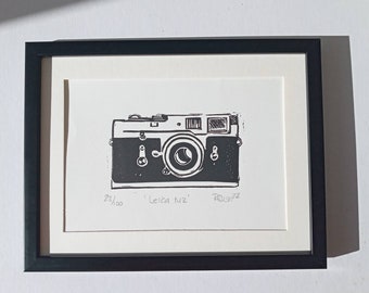 Vintage camera print. Leica m2 camera print. Midcentury camera. Retro film camera. Gift for him. Camera linoprint. giddygoat prints.