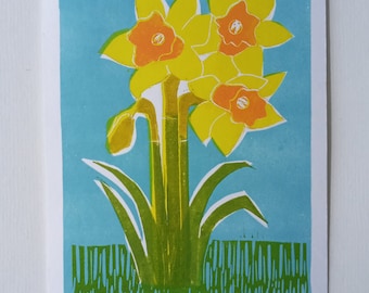 Daffodil print.  Daffodil linoprint. Spring print. Mother's day gift..