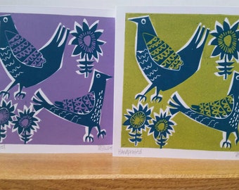 Handprinted cards Bird cards. Set of two cards. Handmade bird cards. Greeting cards. Linoprint cards. Blank cards. Midcentury style cards.