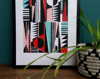 Midcentury modern print. Geometric print. Bauhaus style print. Facade print. Black,red,pink and aqua colours. Graphic print. Wall decor.