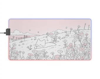 Sleeping Cat Meadow LED Gaming Mouse Pad | Floral Desk Mat, Pastel Aesthetic